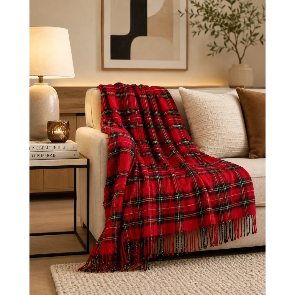 Vintage Troy Leisure Blanket Red Plaid Tartan Fringe Throw Made in USA 51x60